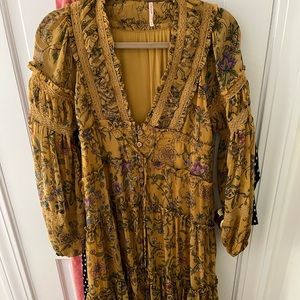 Free People Floral Midi Dress in Mustard and Purple